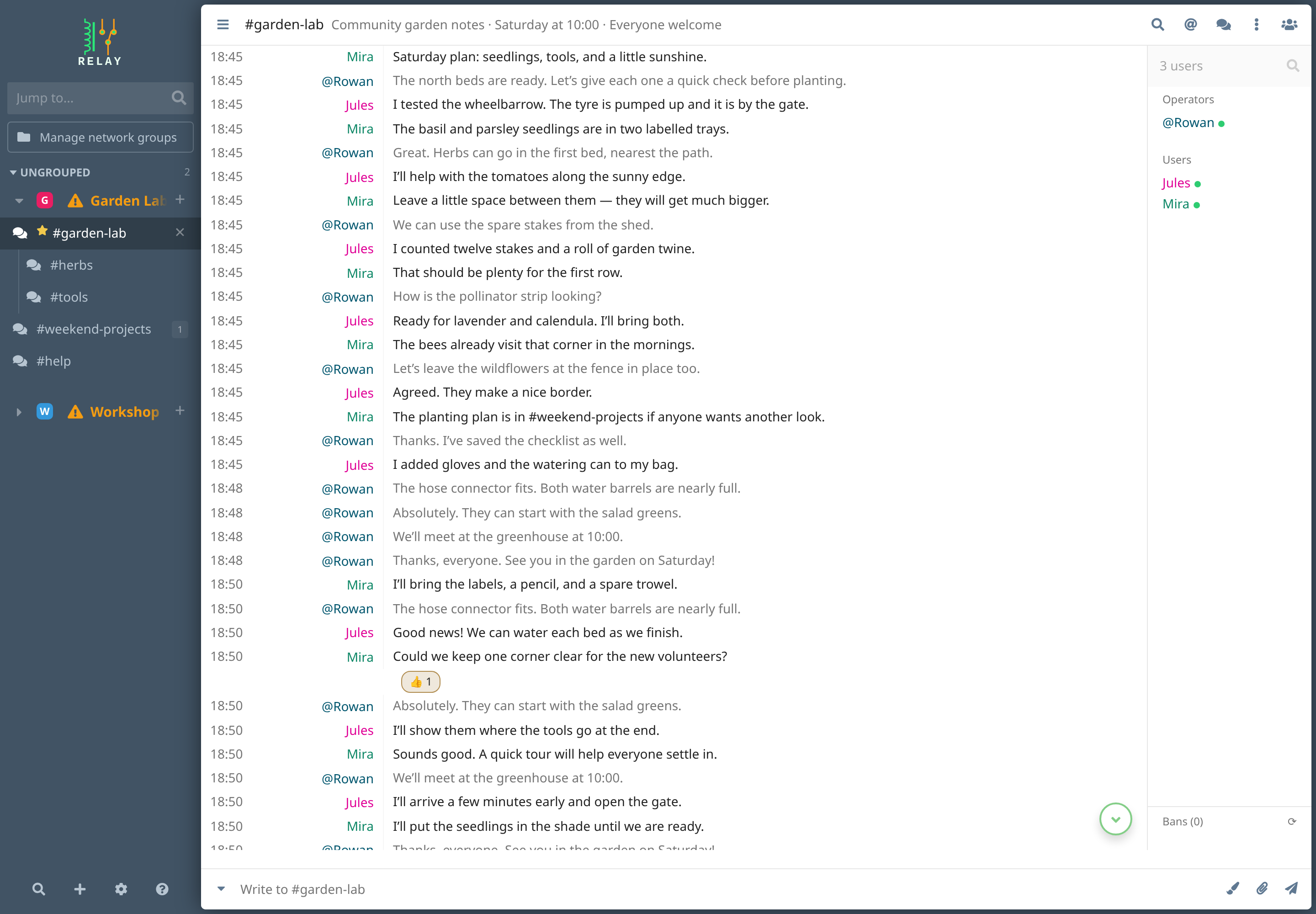 Relay in the Default theme showing a garden planning conversation, channel sidebar, and Rowan, Mira, and Jules in the member list.