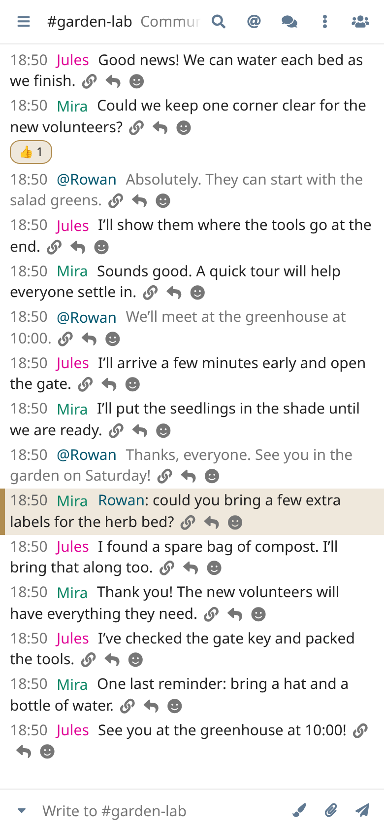 Relay at a phone viewport showing the garden planning conversation and compact message composer.