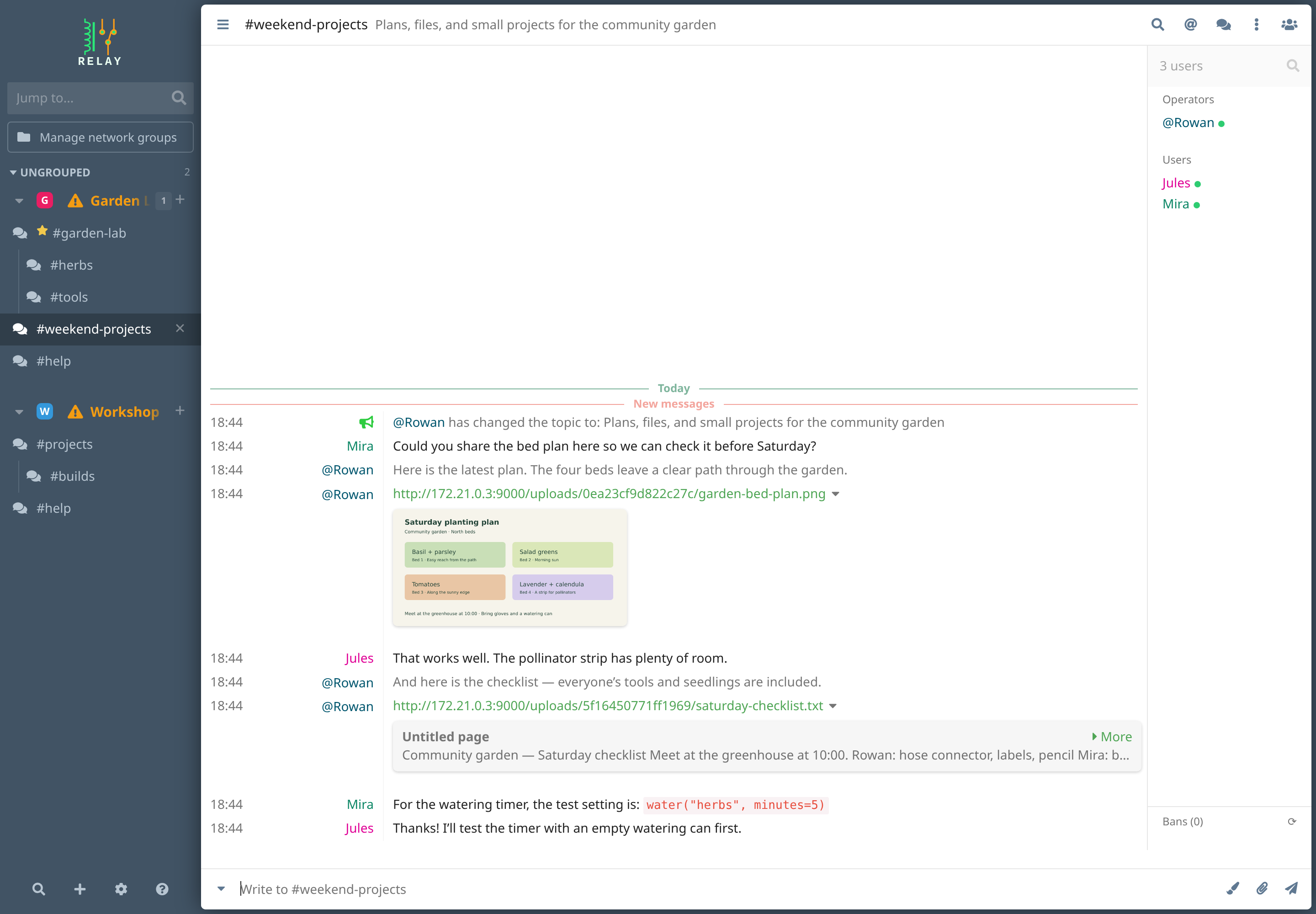 Relay conversation showing an uploaded garden bed plan, a checklist attachment, and a short code example.