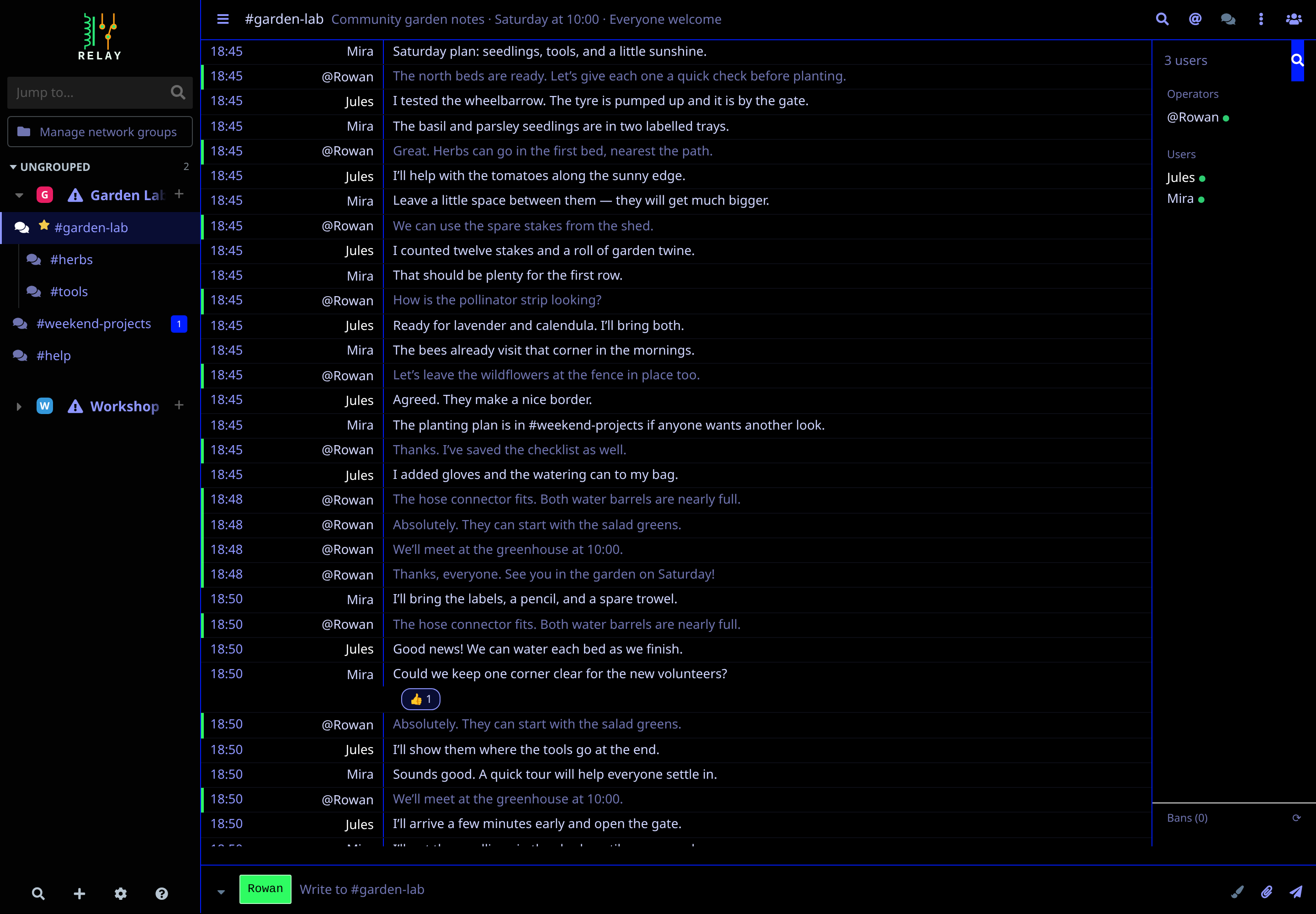 The garden planning conversation in Relay’s Ion theme.