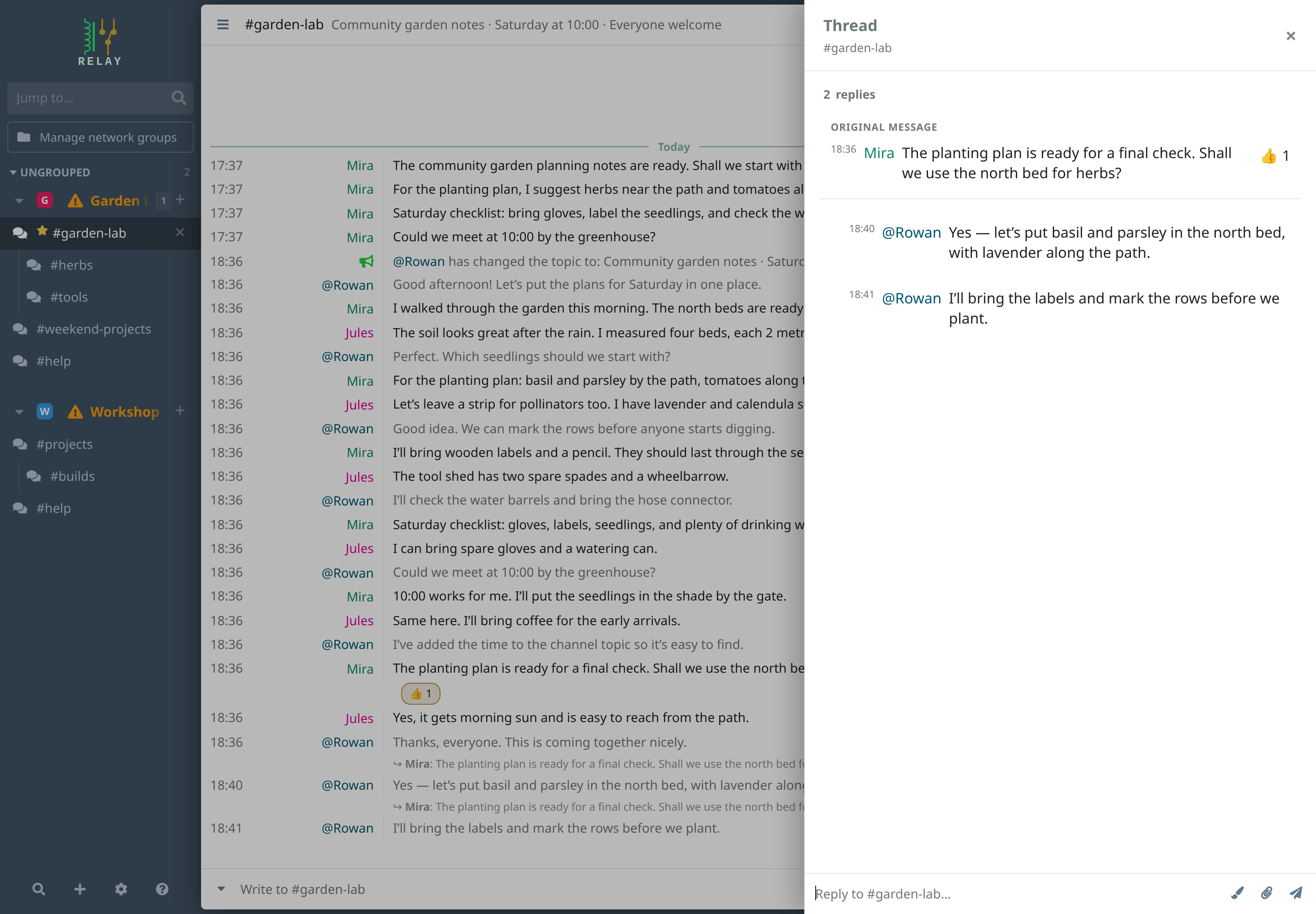 Relay’s thread dialog showing a garden planting question, contextual replies, and an emoji reaction.