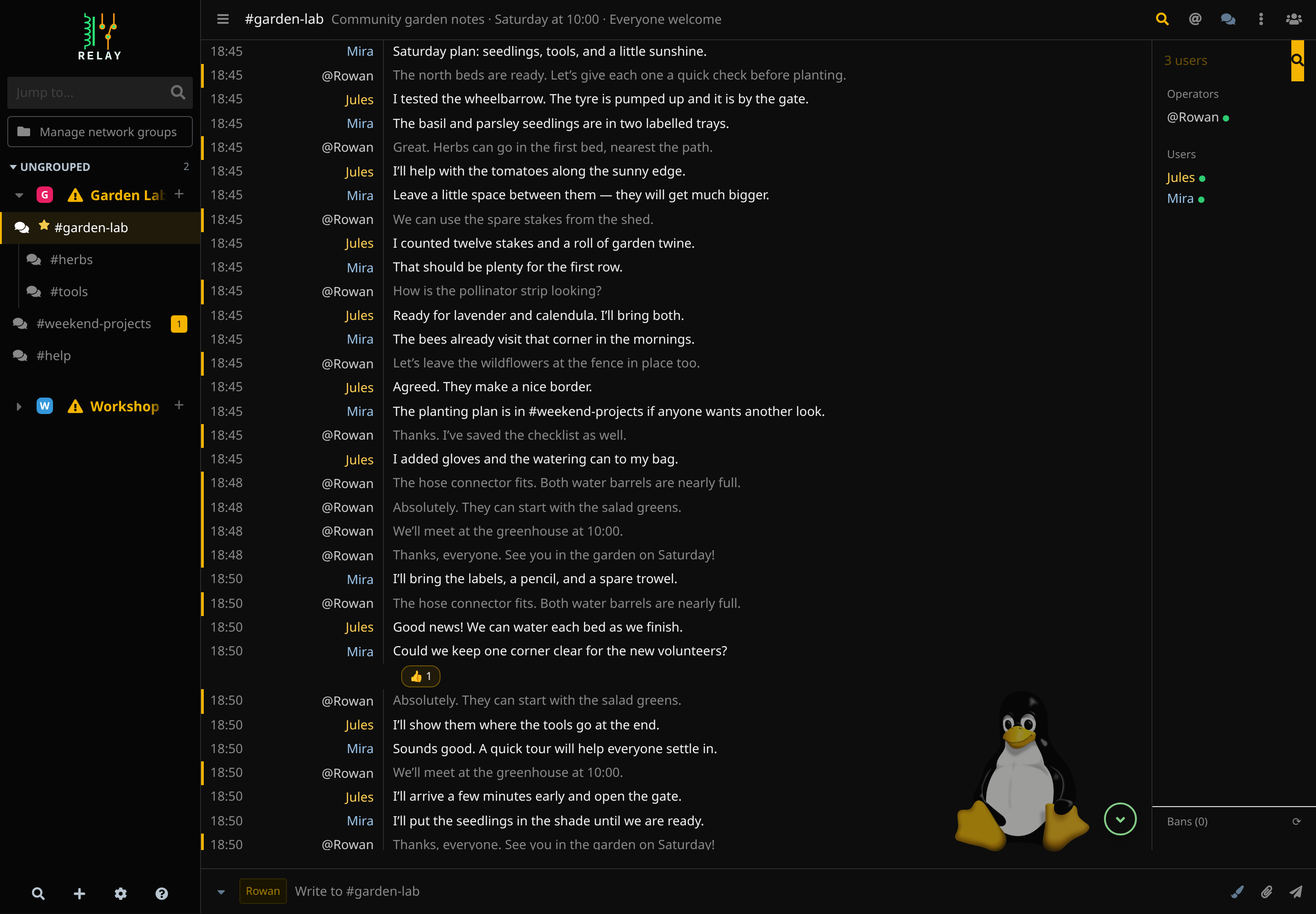 The garden planning conversation in Relay’s Tux theme.