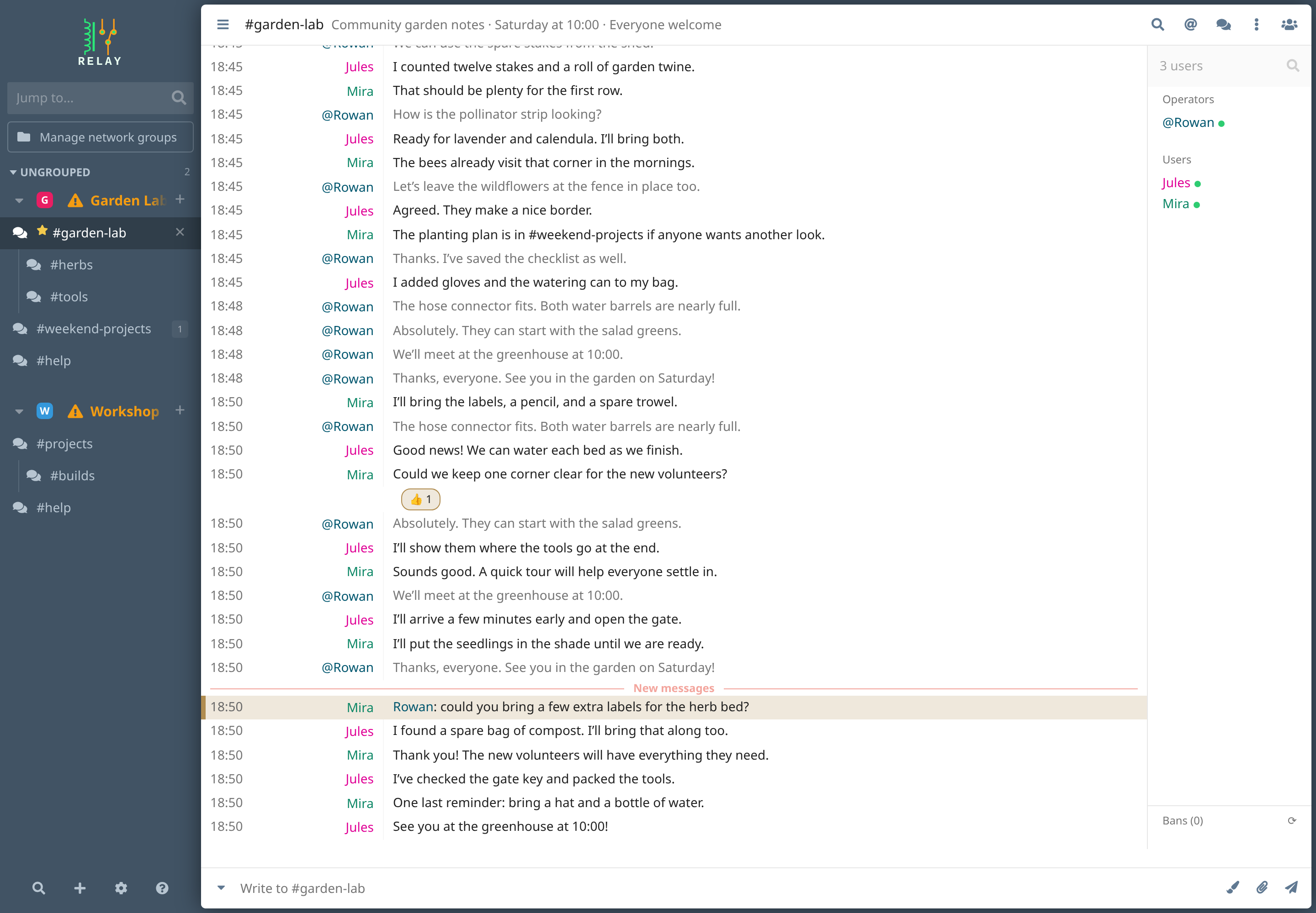 Relay showing an unread message boundary and a new mention of Rowan in garden-lab, with activity indicators in the sidebar.